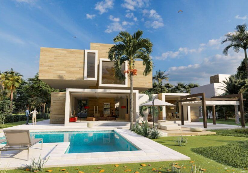 3D rendering of a modern cubic house in wood and concrete with pool and garden